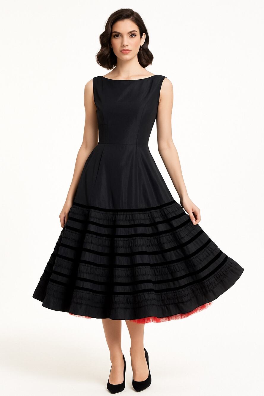1950s Style Black Velvet Trim Tiered Cocktail Dress Red Tulle Unbranded Small